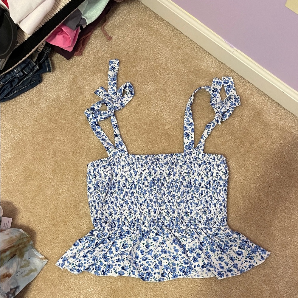 Blue Floral Tie-Shoulder Smocked Peplum Tank